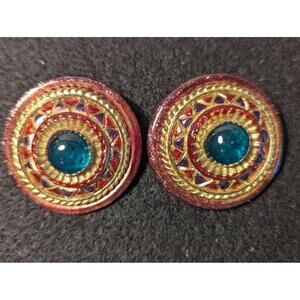 Vintage ClipOn Earrings Womens Round Green Multicolored Statement Retro Artistic